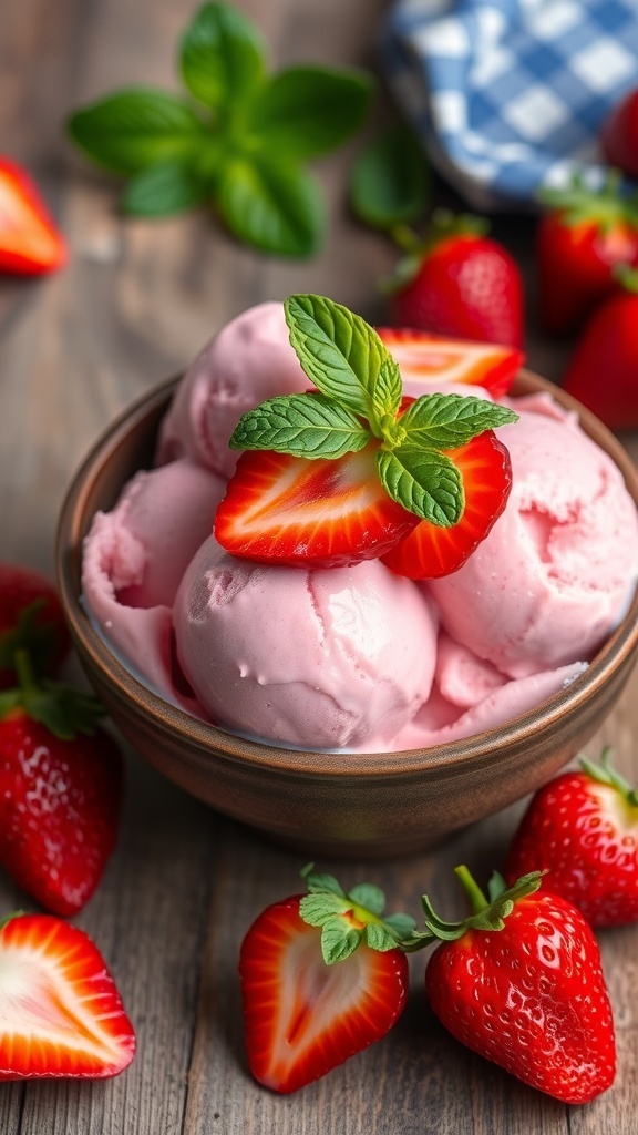 A bowl of strawberry ice cream with fresh strawberries and mint on a wooden table.